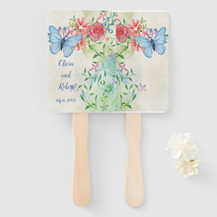 Personalised watercolor butterfly and red rose hand fan