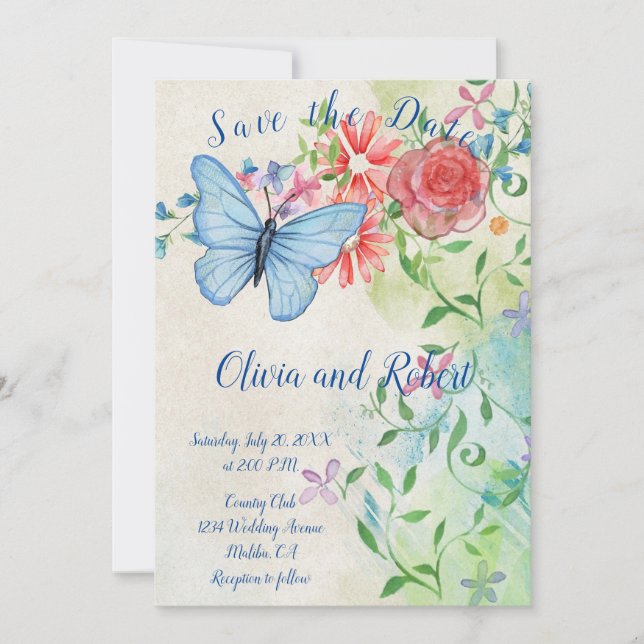 Personalised watercolor butterfly and red rose save the date (Front)