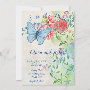 Personalised watercolor butterfly and red rose save the date