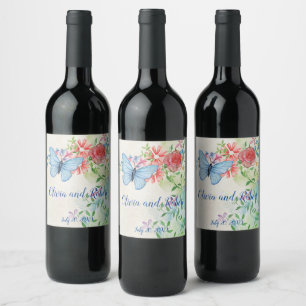 Personalised watercolor butterfly and red rose wine label