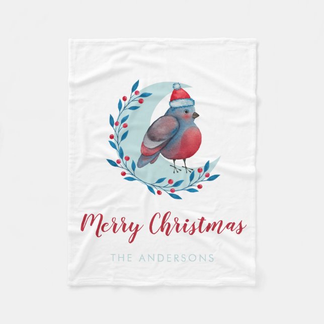 Personalised Watercolor Christmas Bird On Moon Fleece Blanket (Front)