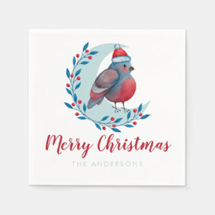 Personalised Watercolor Christmas Bird On Moon Napkin
