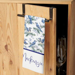 Personalised Watercolor Christmas Blue Jay Holiday Tea Towel