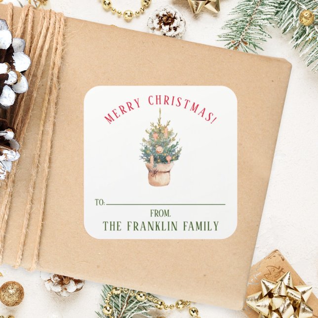 Personalised Watercolor Christmas Tree Gift Square Sticker (Creator Uploaded)