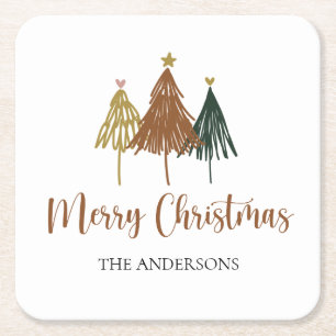 Personalised Watercolor Christmas Tree Square Paper Coaster