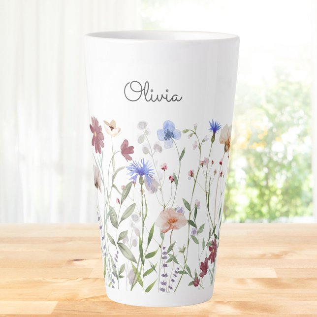 Personalised Watercolor Colourful Wildflower Meado Latte Mug (In situ)