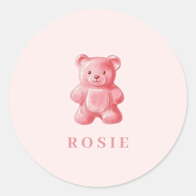 Personalised Watercolor Cute Pink Gummy Bear Classic Round Sticker (Front)