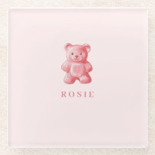 Personalised Watercolor Cute Pink Gummy Bear Glass Coaster