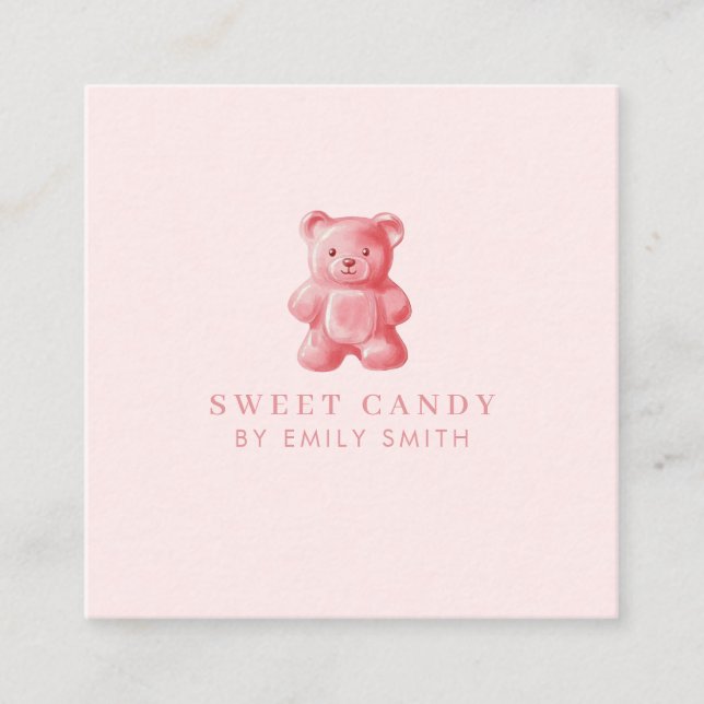 Personalised Watercolor Cute Pink Gummy Bear Square Business Card (Front)