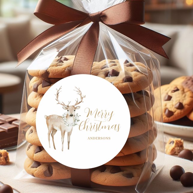 Personalised Watercolor Deer Christmas  Classic Round Sticker (Creator Uploaded)