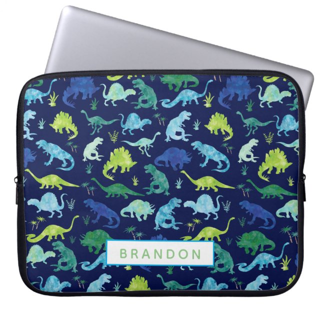 Personalised Watercolor Dinosaur Pattern Blue Kids Laptop Sleeve (Front)