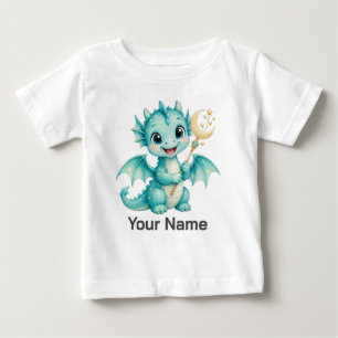 Personalised Watercolor Dragon Holding Moon Wand Baby T-Shirt