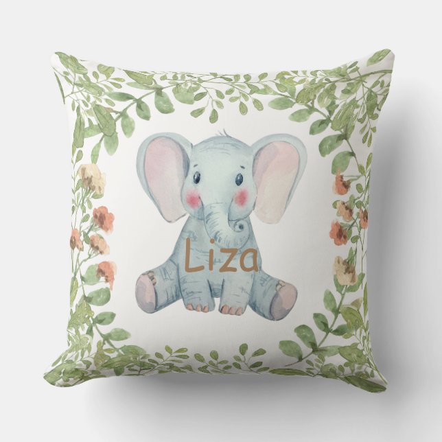 Personalised watercolor elephant greenery nursery cushion (Front)