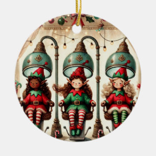 Personalised Watercolor Elves Getting Hair Done Ceramic Ornament