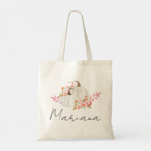 Personalised Watercolor Fall Floral Pumpkin Tote Bag