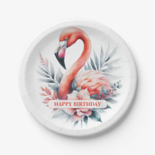 Personalised Watercolor Flamingo Birthday Paper Plate