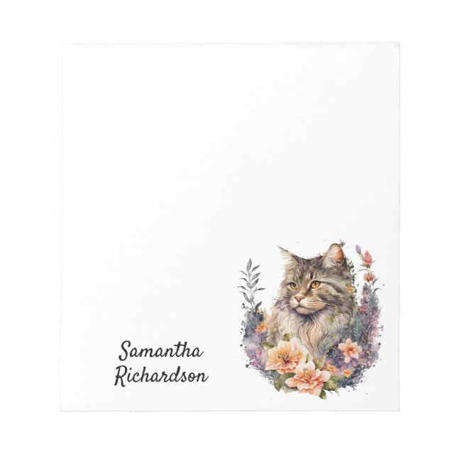 Personalised Watercolor Floral Boho Cat Notepad (Front)
