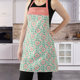 Personalised Watercolor Floral Coral Pink Green Apron