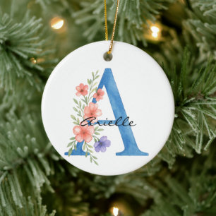 Personalised Watercolor Floral Letter A monogram Ceramic Ornament
