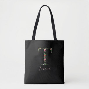 Personalised Watercolor Floral Monogram Letter T Tote Bag