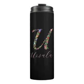 Personalised Watercolor Floral Monogram Letter U Thermal Tumbler