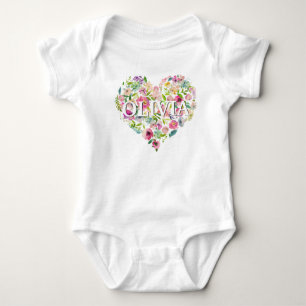 Personalised Watercolor Floral Pink Rose HEART Baby Bodysuit