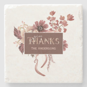 Personalised Watercolor Floral Thanksgiving Stone Coaster