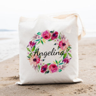 Personalised Watercolor Floral Wreath Wedding Tote Bag