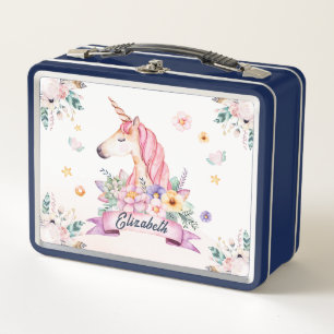 Personalised Watercolor Flower Unicorn Girls Metal Lunch Box
