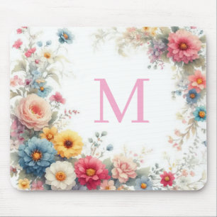 Personalised Watercolor Flowers Template Monogram Mouse Pad