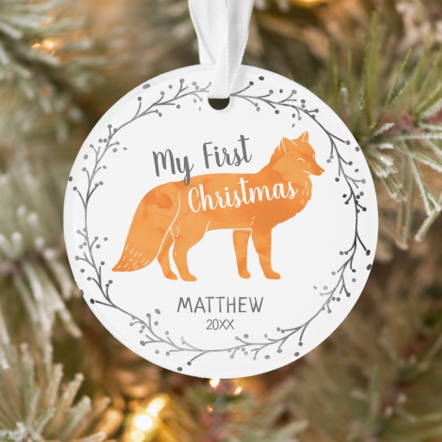 Personalised Watercolor Fox Baby First Christmas Ornament (Tree)
