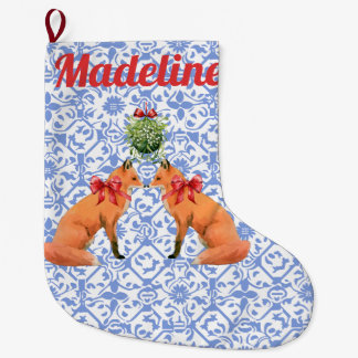 Personalised Watercolor Fox Mistletoe Chinoiserie Large Christmas Stocking