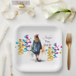 Personalised Watercolor Girl Graduate Party Paper Plate