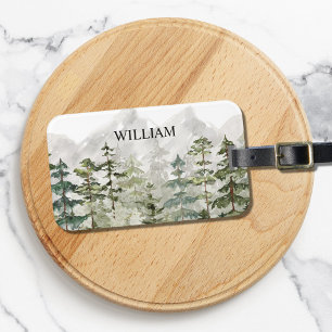 Personalised Watercolor Green Pine Forest Mountain Luggage Tag