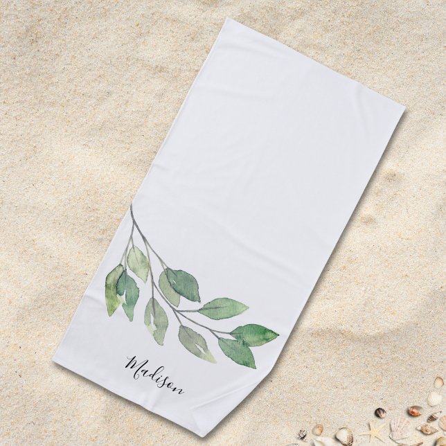 Personalised Watercolor Greenery Beach Towel (Creator Uploaded)