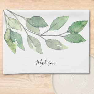 Personalised Watercolor Greenery Tea Towel