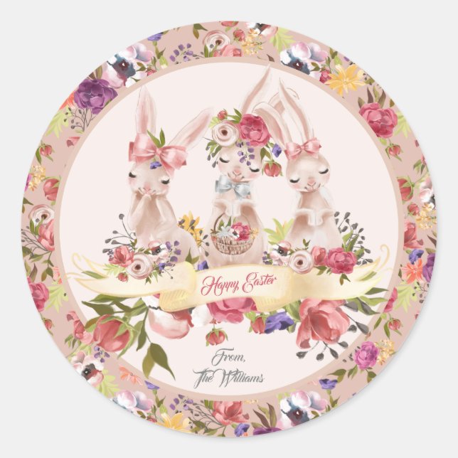 Personalised Watercolor Happy Easter Bunny Classic Round Sticker (Front)