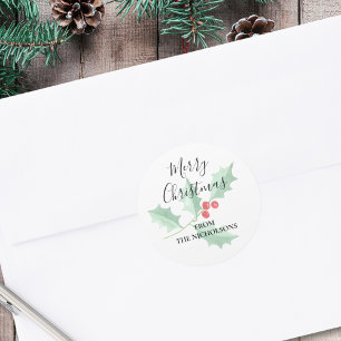 Personalised Watercolor Holly Merry Christmas Classic Round Sticker