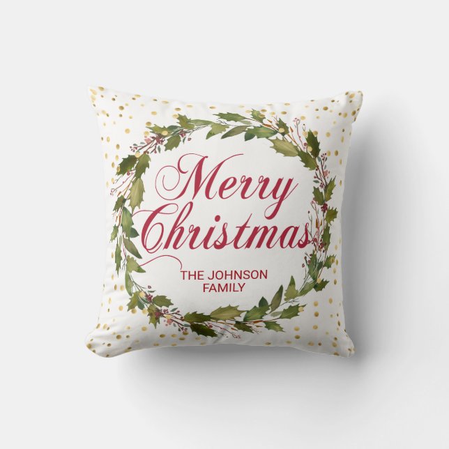 Personalised Watercolor Holly Wreath Christmas Cushion (Front)