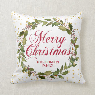Personalised Watercolor Holly Wreath Christmas Cushion