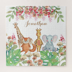 Personalised watercolor kids Modern safari jungle Jigsaw Puzzle