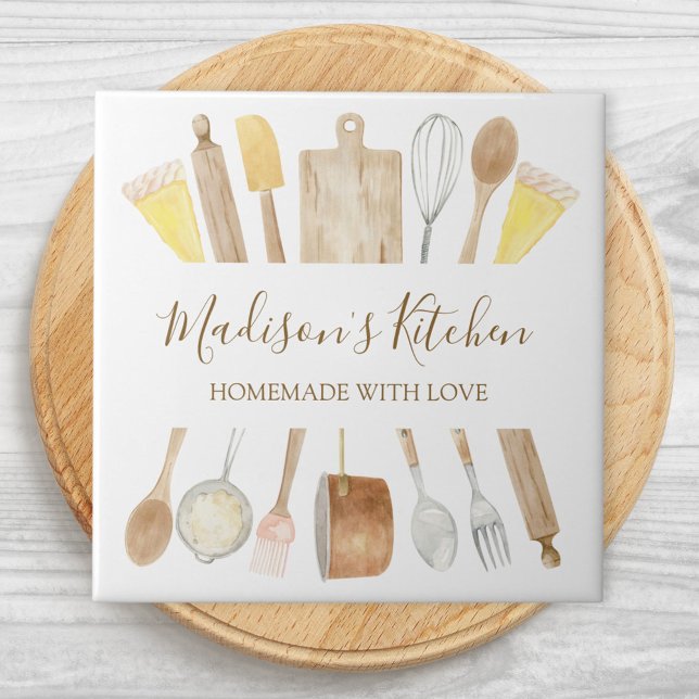 Personalised Watercolor Kitchen Cooking Utensils  Ceramic Tile (Close up)