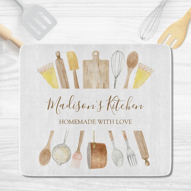 Personalised Watercolor Kitchen Cooking Utensils  Cutting Board (In situ)