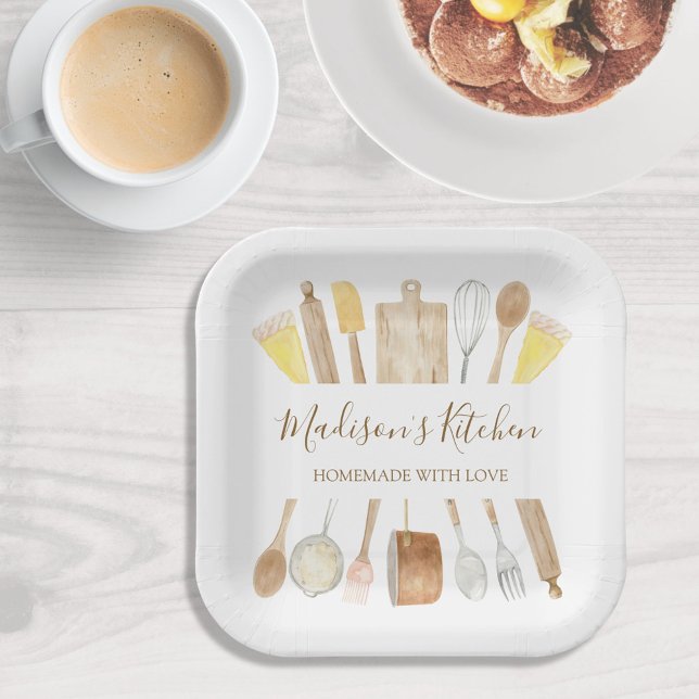 Personalised Watercolor Kitchen Cooking Utensils  Paper Plate (In situ)