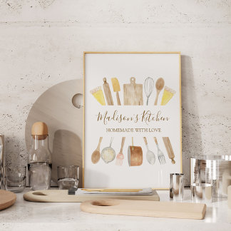 Personalised Watercolor Kitchen Cooking Utensils  Poster