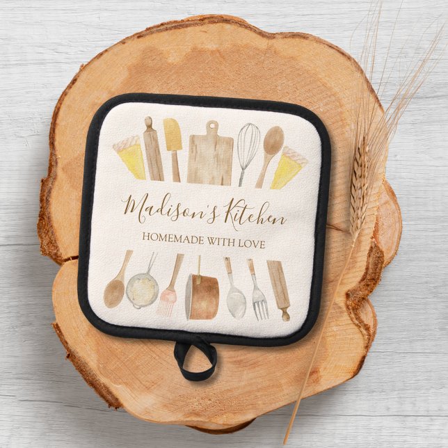 Personalised Watercolor Kitchen Cooking Utensils  Pot Holder (Close up)