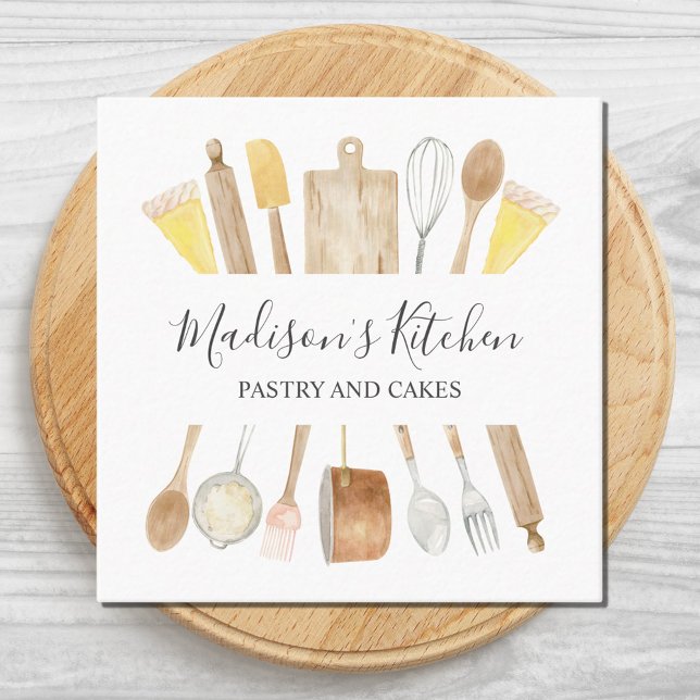 Personalised Watercolor Kitchen Cooking Utensils Square Business Card (Close up front)