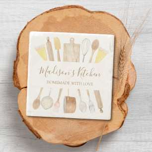 Personalised Watercolor Kitchen Cooking Utensils Stone Coaster