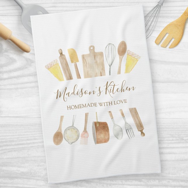 Personalised Watercolor Kitchen Cooking Utensils  Tea Towel (In situ)