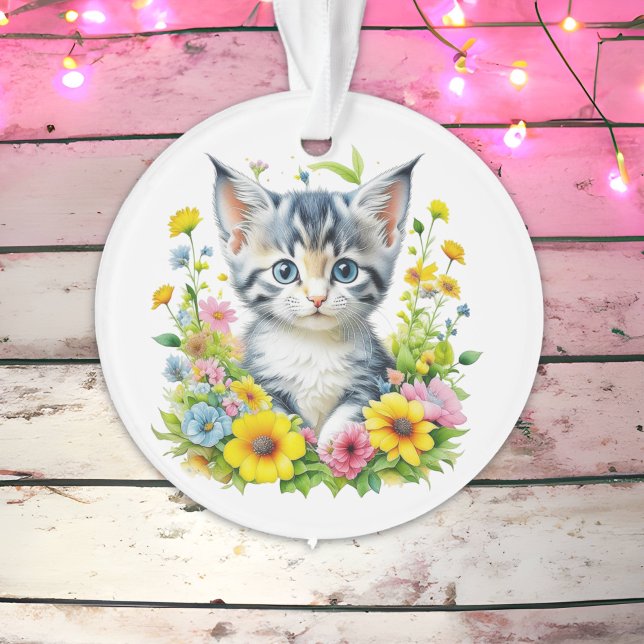 Personalised Watercolor Kitten Flowers Christmas Ornament (Creator Uploaded)